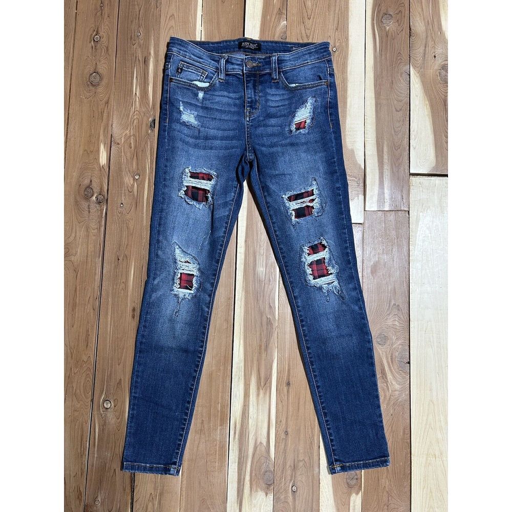 Judy Blue Skinny Fit Jeans Womens 9/29 Blue Distressed Buffalo Plaid Patch 31" W